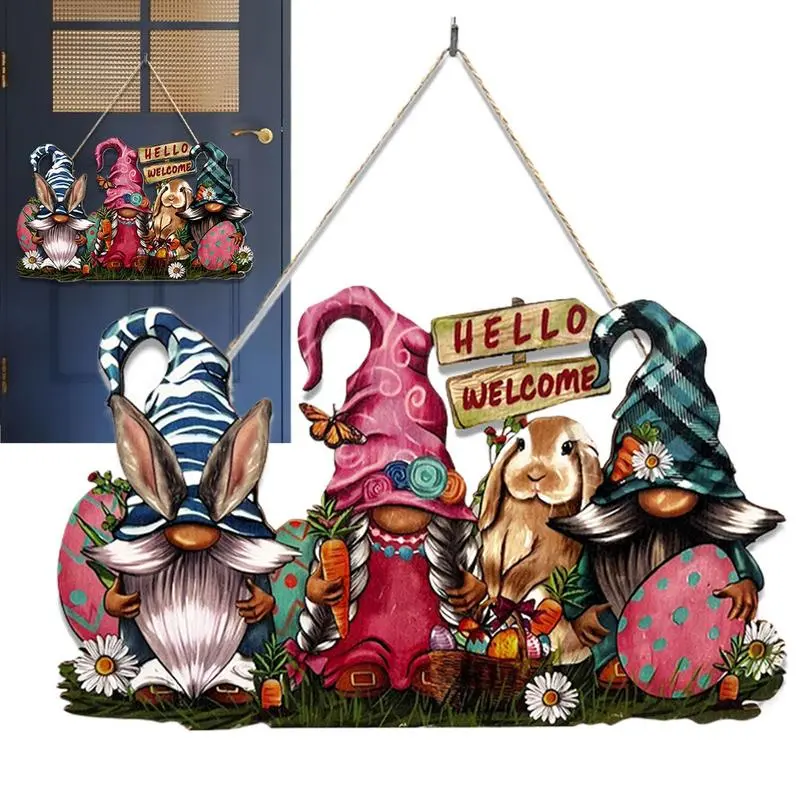 Easter Gnome Welcome Sign Wooden Hello Welcome Bunny Gnomes Easter Decorations Happy Easter Pendant Door Wooden Sign