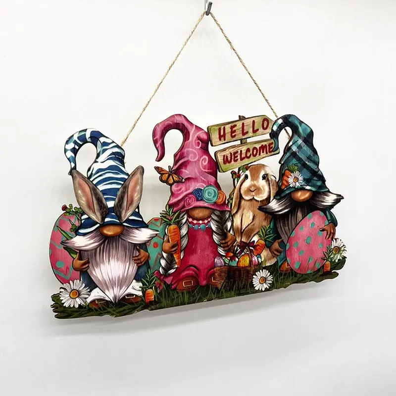 Easter Gnome Welcome Sign Wooden Hello Welcome Bunny Gnomes Easter Decorations Happy Easter Pendant Door Wooden Sign