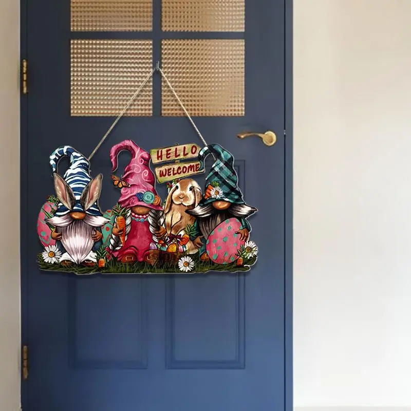 Easter Gnome Welcome Sign Wooden Hello Welcome Bunny Gnomes Easter Decorations Happy Easter Pendant Door Wooden Sign