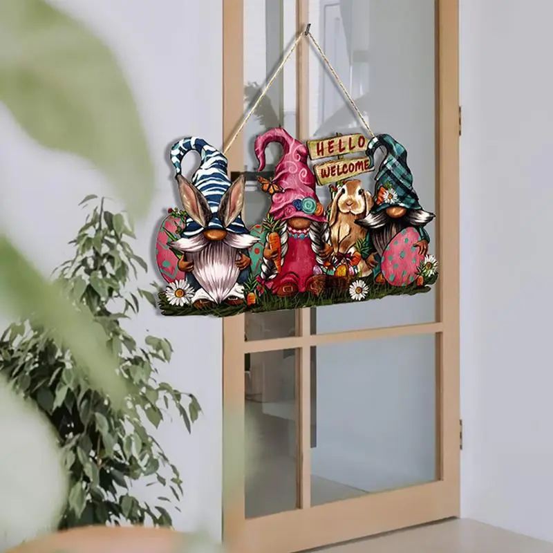 Easter Gnome Welcome Sign Wooden Hello Welcome Bunny Gnomes Easter Decorations Happy Easter Pendant Door Wooden Sign