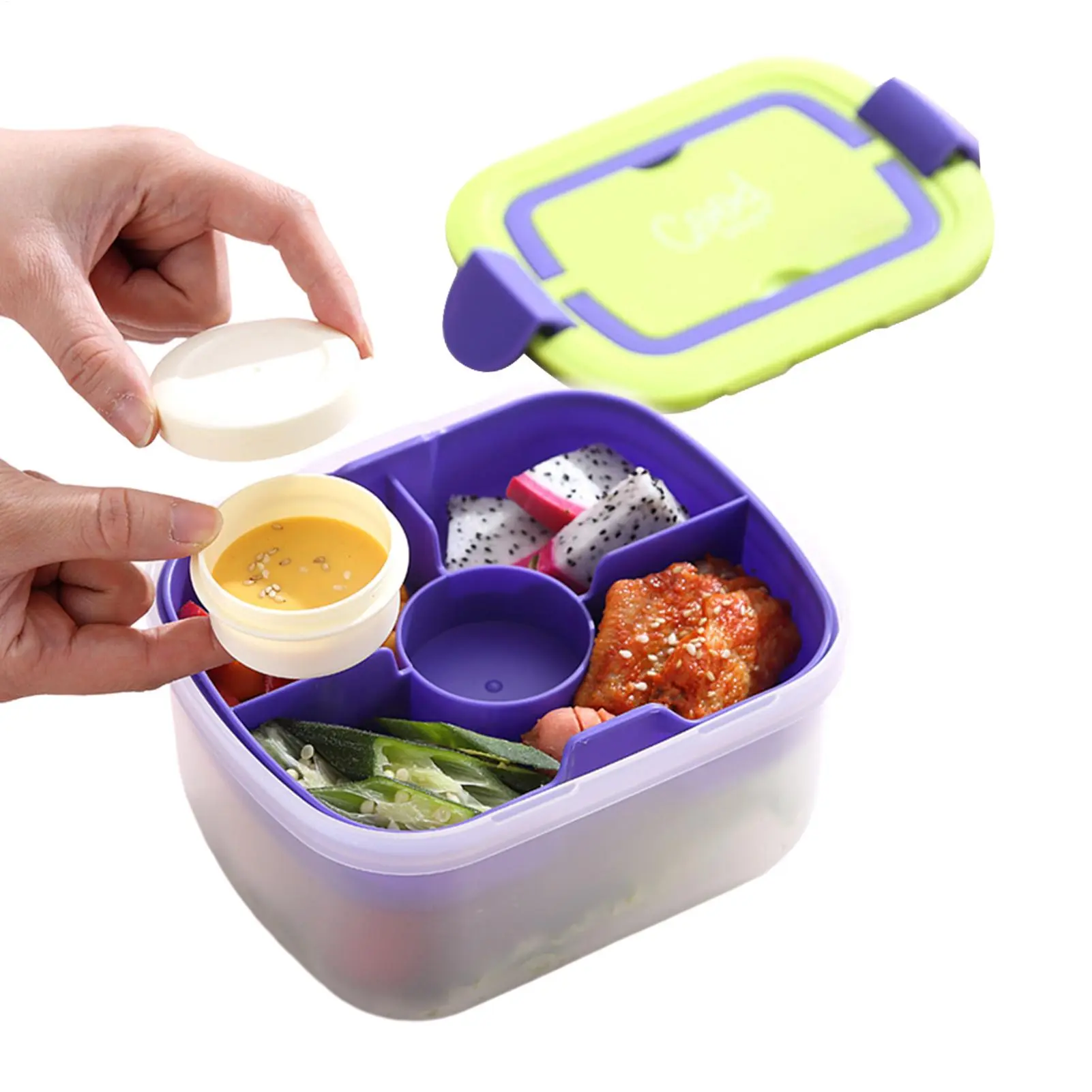 Cartoon Lunch Box with Handle Kids Snack Box 4-Compartment Toppings Tray Divided Microwave Oven Bento Box Food Container