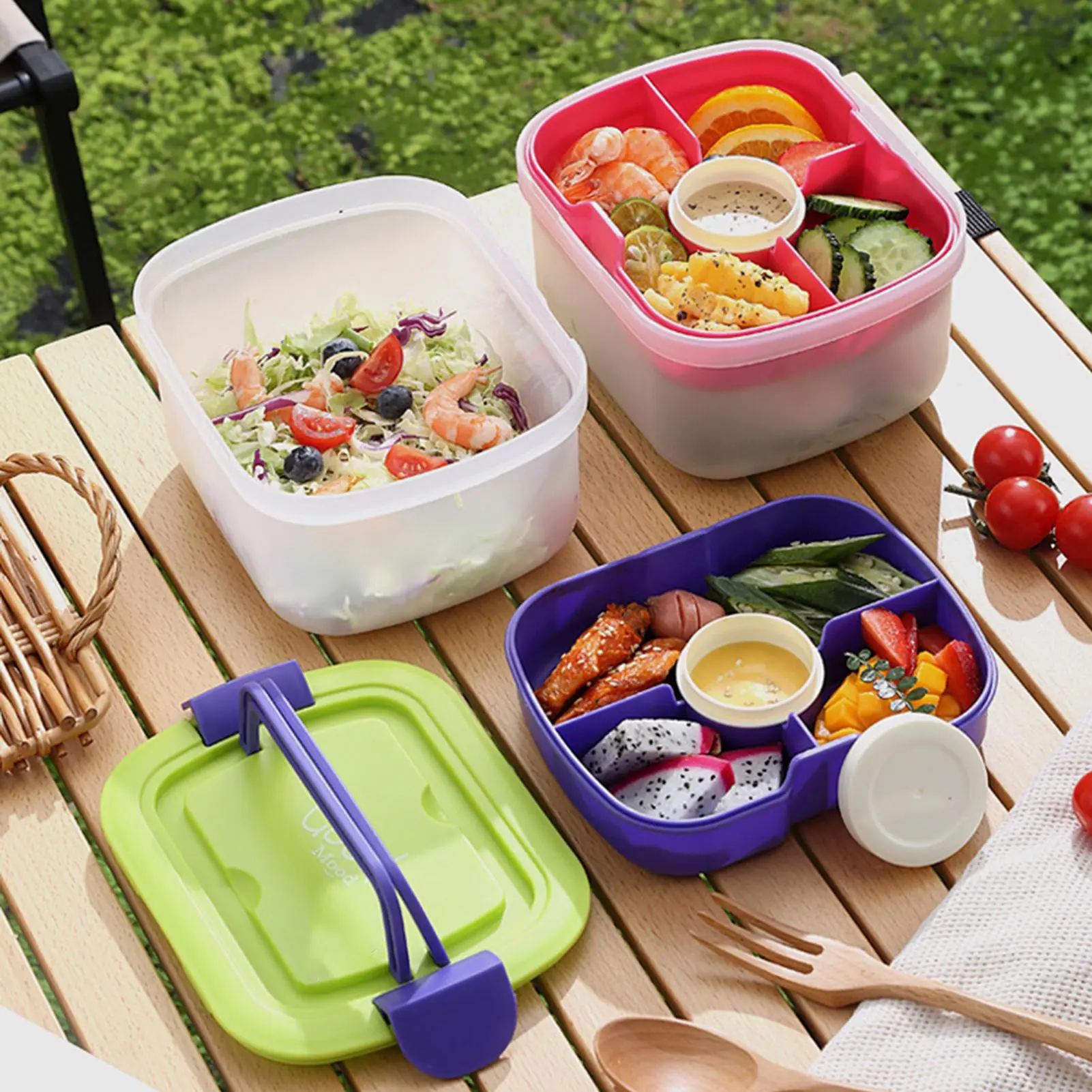 Cartoon Lunch Box with Handle Kids Snack Box 4-Compartment Toppings Tray Divided Microwave Oven Bento Box Food Container