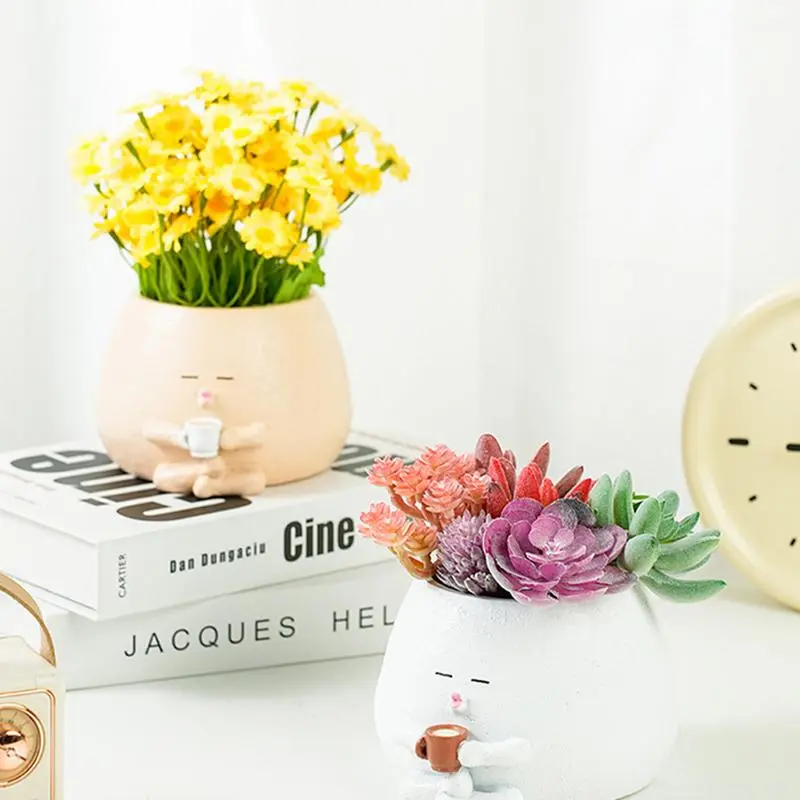 Cute Plant Pots Creative Resin Planter Garden Statue Coffee Cylinder Small Flower Pots with Drainage Holes Succulent Plant Pot