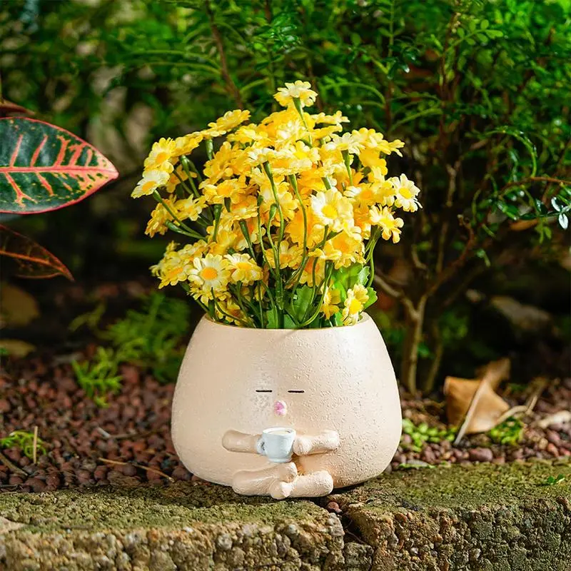 Cute Plant Pots Creative Resin Planter Garden Statue Coffee Cylinder Small Flower Pots with Drainage Holes Succulent Plant Pot