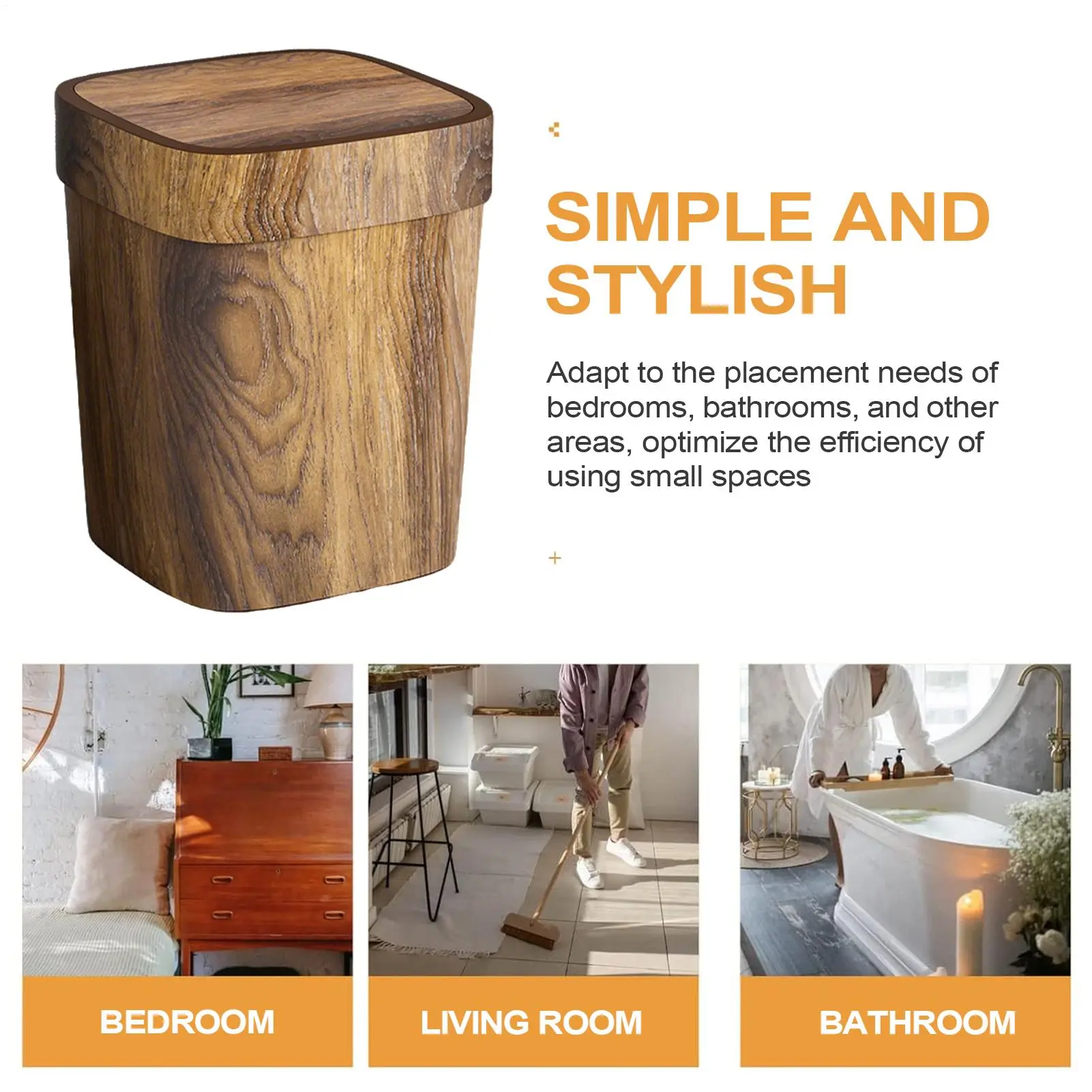Wooden Trash Can For Bathroom Rectangle Paper Waste Bin 12L Odor-Proof Trash Can With Swing Lid For Kitchen Laundry Room Under