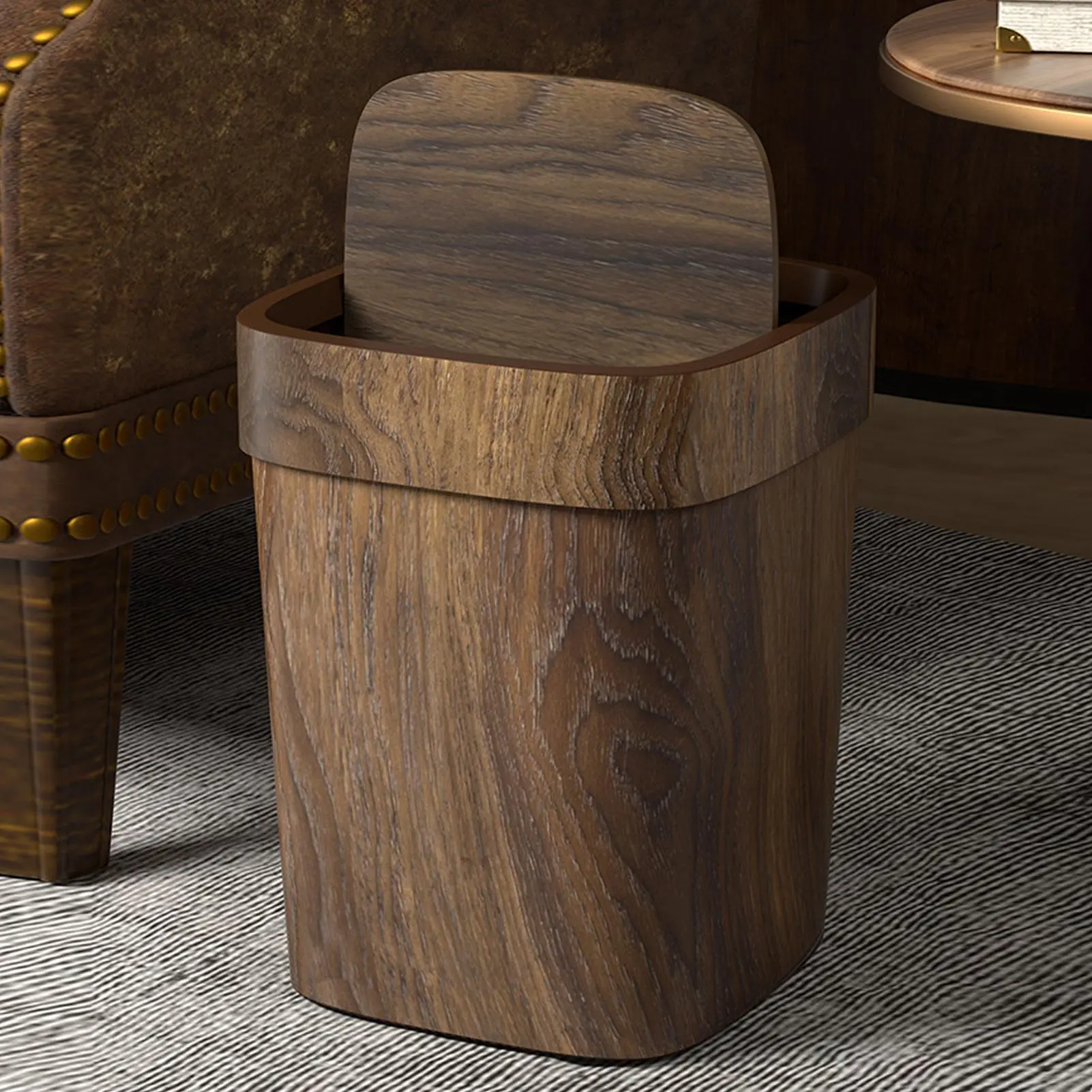 Wooden Trash Can For Bathroom Rectangle Paper Waste Bin 12L Odor-Proof Trash Can With Swing Lid For Kitchen Laundry Room Under