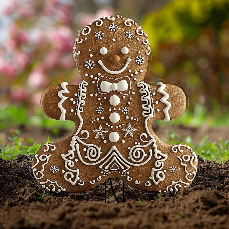 Gingerbread Yard Signs Acrylic 2D Flat Christmas Sign Gingerbread Weatherproof Plug Garden Decoration Seasonal Gingerbread Signs