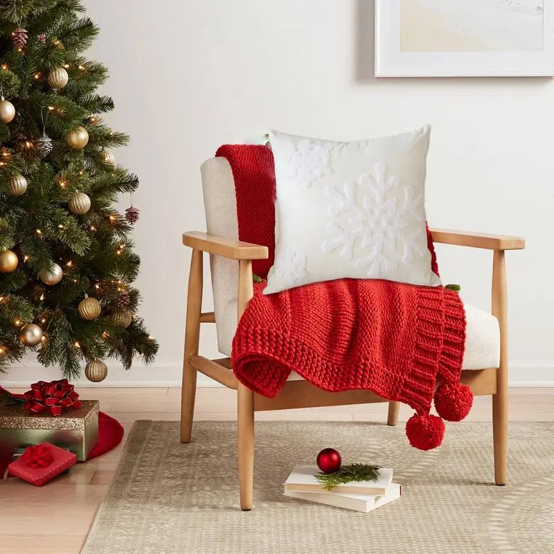 Christmas Embroidered Snowflake Pillowcase 18X18 Inch Decorative Cushion Pillowcase Throw Pillow Embroidery Cover Zipper Closure