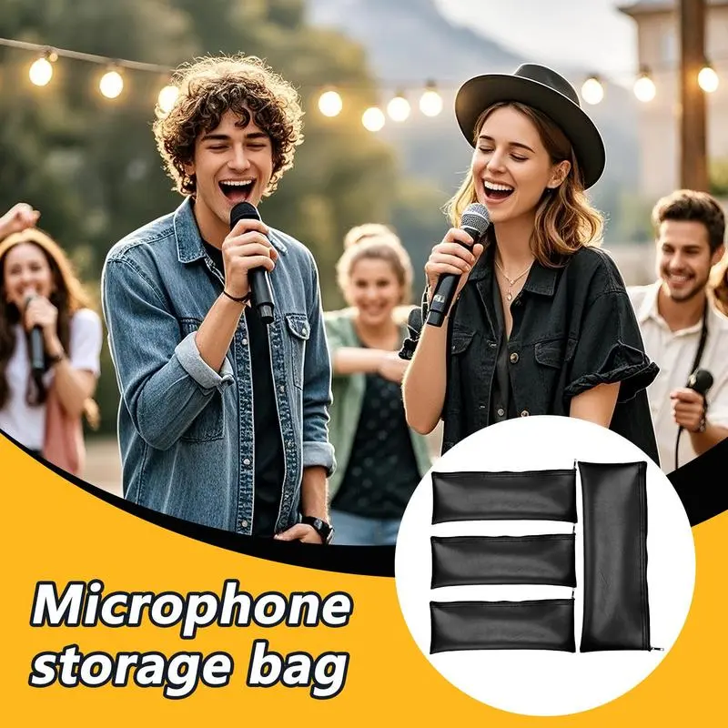 Microphone Box 4X PU Leather Microphone Pocket Shockproof Storage Cover With Zipper Drawstring Dustproof Design For Podcasting