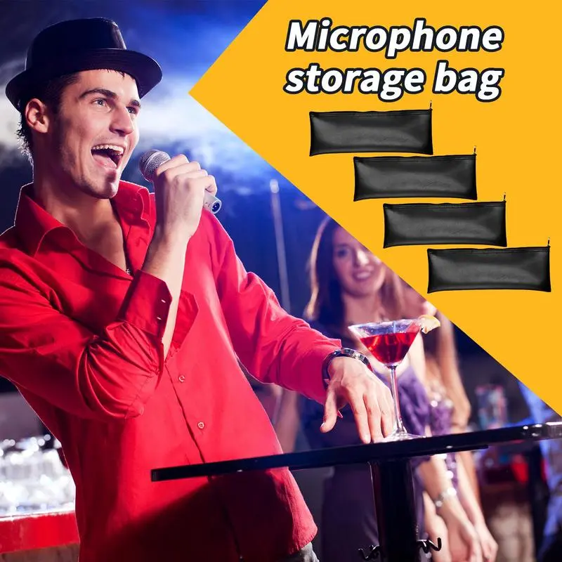 Microphone Box 4X PU Leather Microphone Pocket Shockproof Storage Cover With Zipper Drawstring Dustproof Design For Podcasting