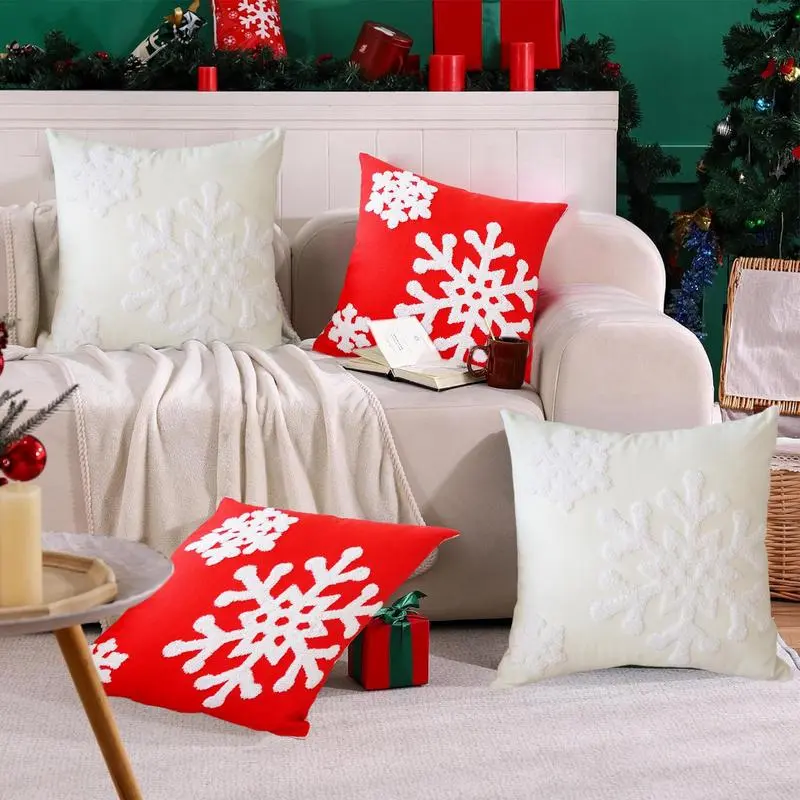 Christmas Embroidered Snowflake Pillowcase 18X18 Inch Decorative Cushion Pillowcase Throw Pillow Embroidery Cover Zipper Closure