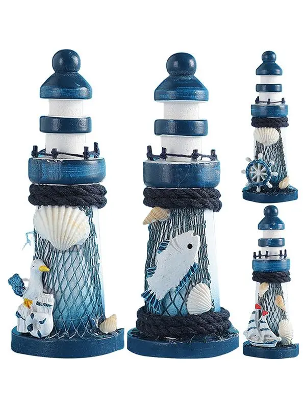 4pcs Wooden exquisite Miniature Lighthouse Model Decorative Boats Ornament Decor Stripe Lighthouse Simulation Model Marine Decor