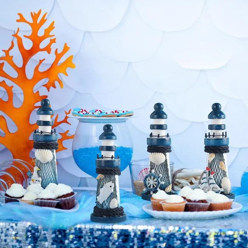 4pcs Wooden exquisite Miniature Lighthouse Model Decorative Boats Ornament Decor Stripe Lighthouse Simulation Model Marine Decor