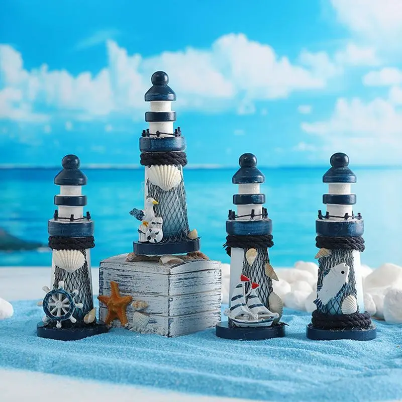 4pcs Wooden exquisite Miniature Lighthouse Model Decorative Boats Ornament Decor Stripe Lighthouse Simulation Model Marine Decor