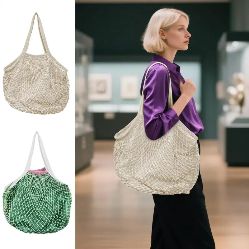 Grocery Mesh Bags Reusable Grocery Mesh Bags With Lining Reusable Shoulder Tote With Lining Long Handle Large Capacity Produce