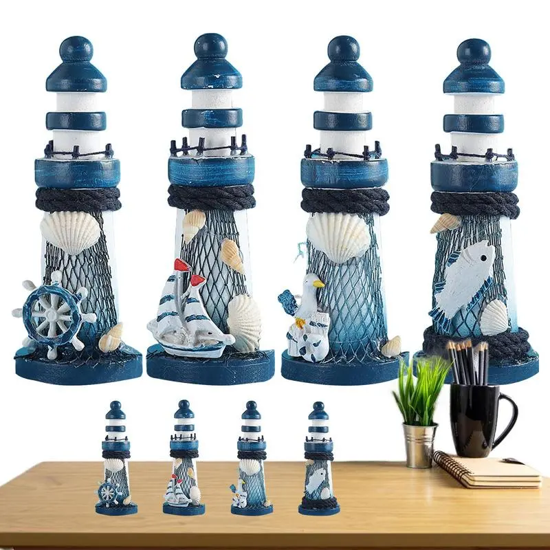 4pcs Wooden exquisite Miniature Lighthouse Model Decorative Boats Ornament Decor Stripe Lighthouse Simulation Model Marine Decor