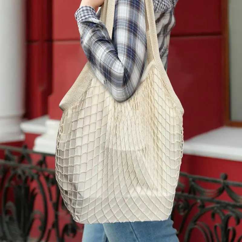 Grocery Mesh Bags Reusable Grocery Mesh Bags With Lining Reusable Shoulder Tote With Lining Long Handle Large Capacity Produce