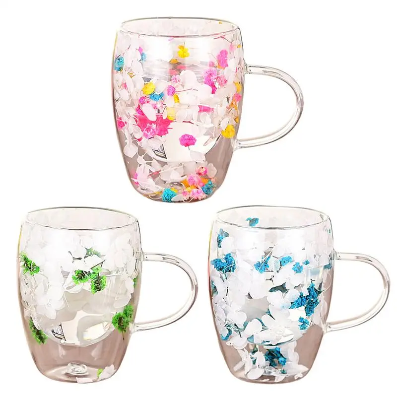 Double Layer Glass Cup Milk Mug Kitchen Double Wall Glass Cup with Handle Heat Resistant Tea Cups Glass Mug Flower Cup Glass Cup