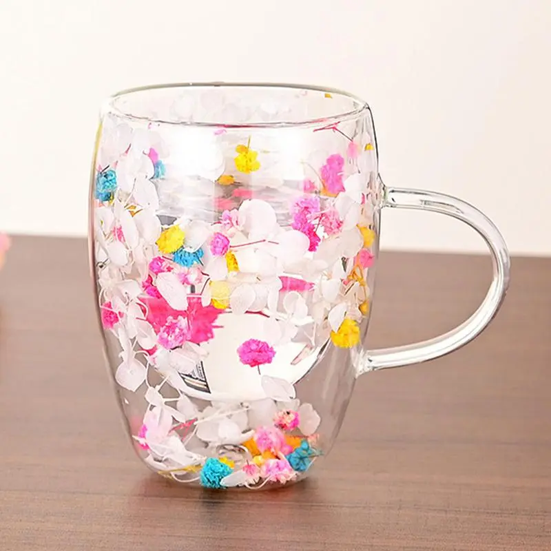 Double Layer Glass Cup Milk Mug Kitchen Double Wall Glass Cup with Handle Heat Resistant Tea Cups Glass Mug Flower Cup Glass Cup