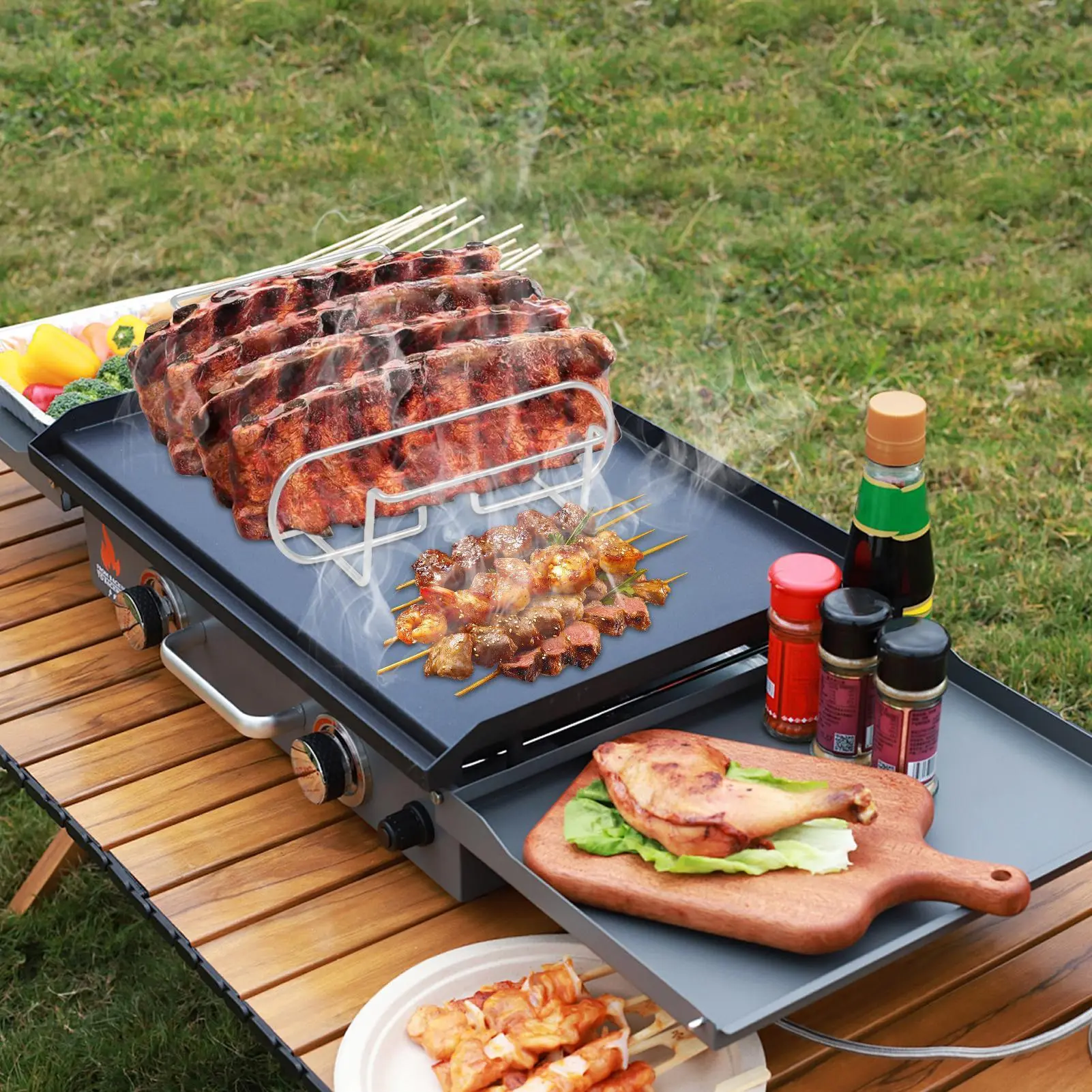 Rib Rack Carbon Steel Rib Roasting Stand Steak Holder for Barbecue Roasting Baking Cooking Resting Outdoor Kitchen Camping
