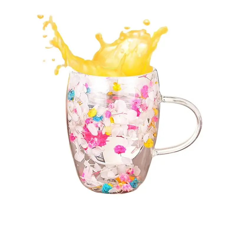Double Layer Glass Cup Milk Mug Kitchen Double Wall Glass Cup with Handle Heat Resistant Tea Cups Glass Mug Flower Cup Glass Cup