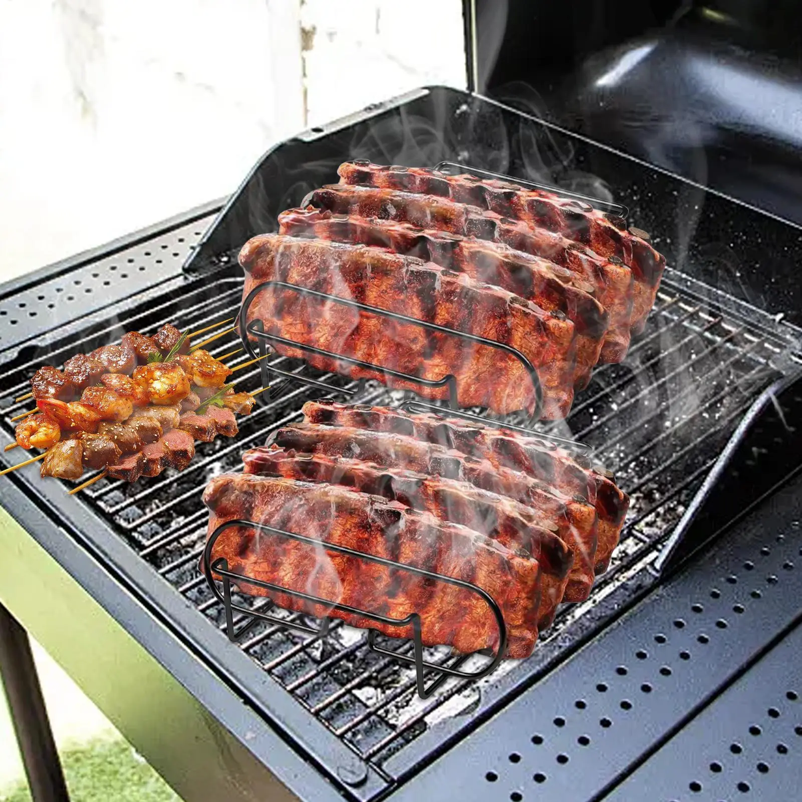 Rib Rack Carbon Steel Rib Roasting Stand Steak Holder for Barbecue Roasting Baking Cooking Resting Outdoor Kitchen Camping