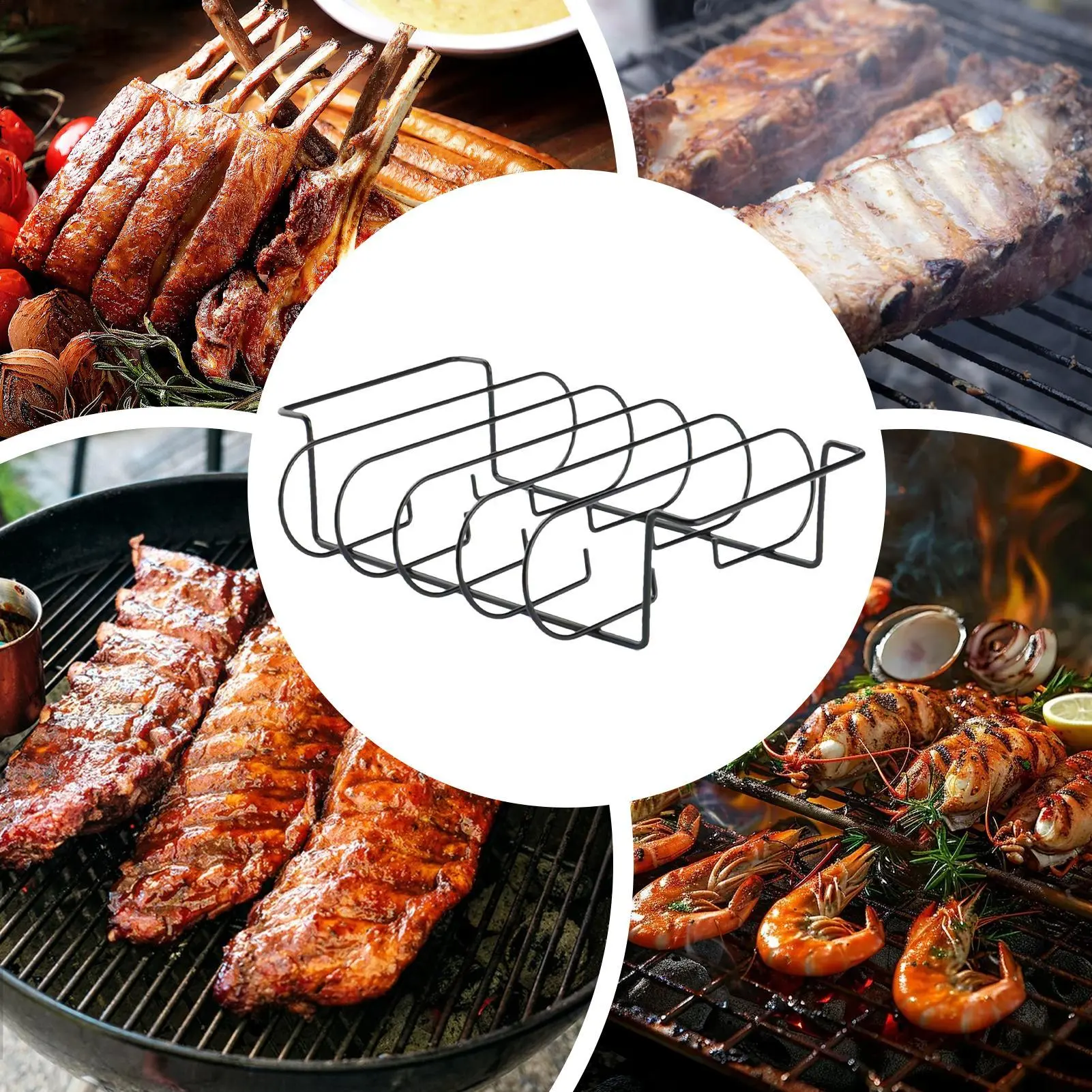 Rib Rack Carbon Steel Rib Roasting Stand Steak Holder for Barbecue Roasting Baking Cooking Resting Outdoor Kitchen Camping