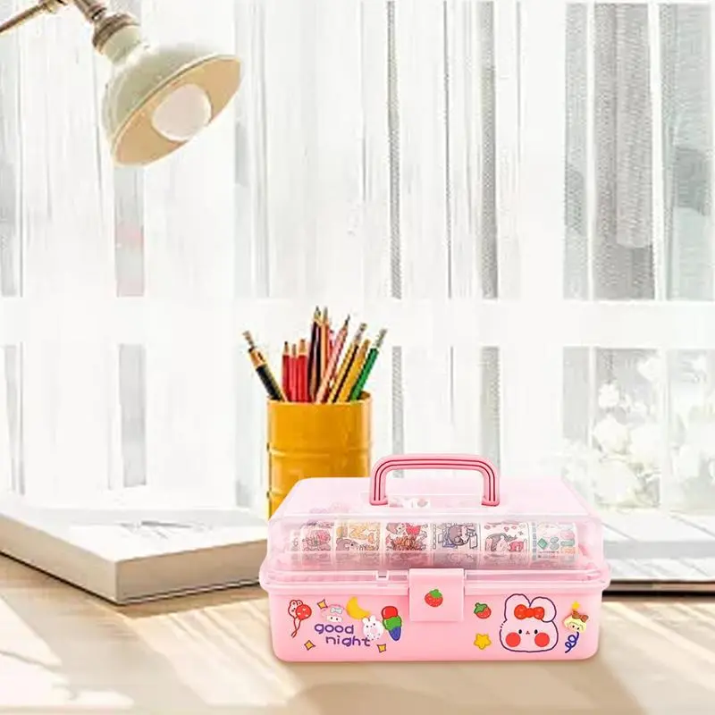 Stationery Tool Box Handled Pink Tool Box Portable Storage Box Clear Multi-Layer Storage Organizer Multipurpose Medicine Box For