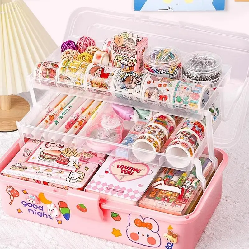 Stationery Tool Box Handled Pink Tool Box Portable Storage Box Clear Multi-Layer Storage Organizer Multipurpose Medicine Box For