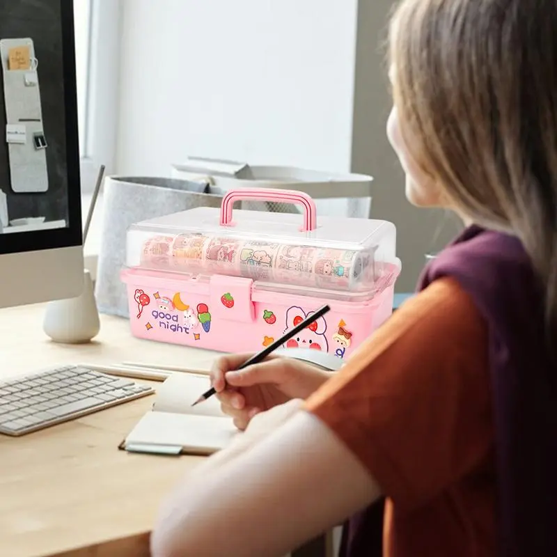 Stationery Tool Box Handled Pink Tool Box Portable Storage Box Clear Multi-Layer Storage Organizer Multipurpose Medicine Box For