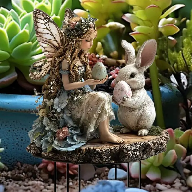 Bunny Yard Stakes Fairy And Bunny Acrylic Easter Garden Stakes With Stakes Spring Lawn Signs 2D Flat Outdoor Decorations For