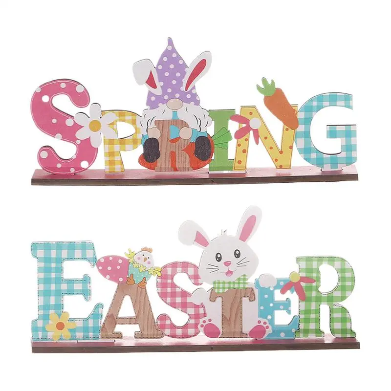 2pcs Easter Table Signs Spring Bunny Gnome Sign Wooden Sign Easter Spring Egg Bunny Ornament Bunny Table Wooden Sign