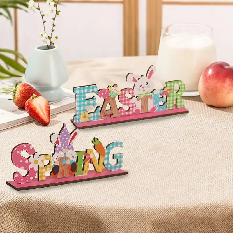 2pcs Easter Table Signs Spring Bunny Gnome Sign Wooden Sign Easter Spring Egg Bunny Ornament Bunny Table Wooden Sign