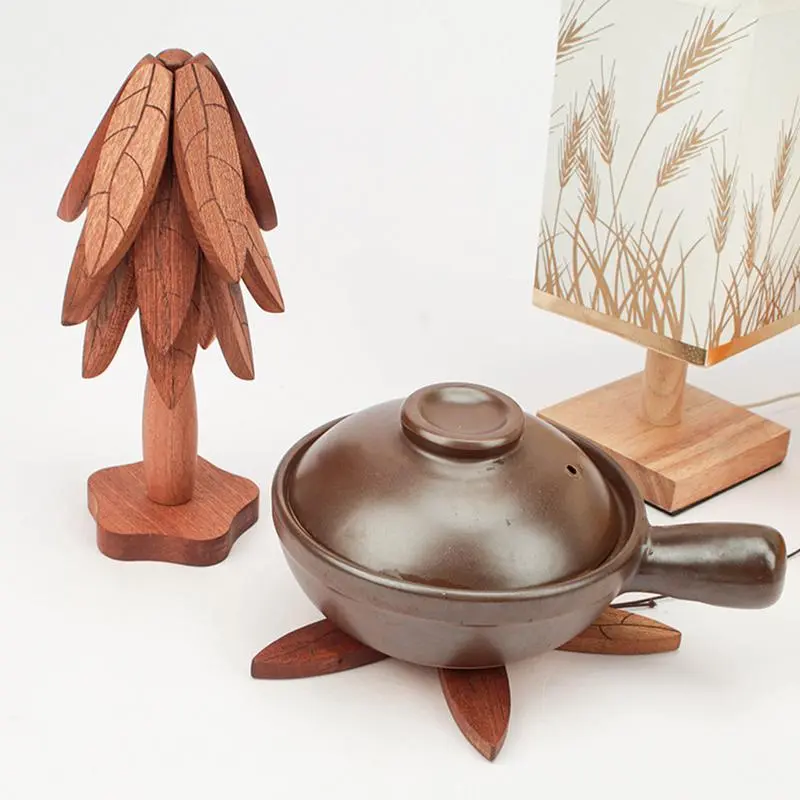 Tree Trivet Foldable Wooden Table Mat Tree Trivet Non-Slip Plate Coasters Pad Set Of 3 Heat Resistant Bowls And Teapots Coaster
