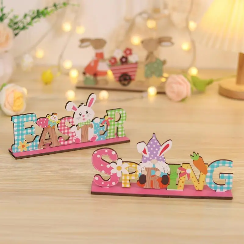 2pcs Easter Table Signs Spring Bunny Gnome Sign Wooden Sign Easter Spring Egg Bunny Ornament Bunny Table Wooden Sign