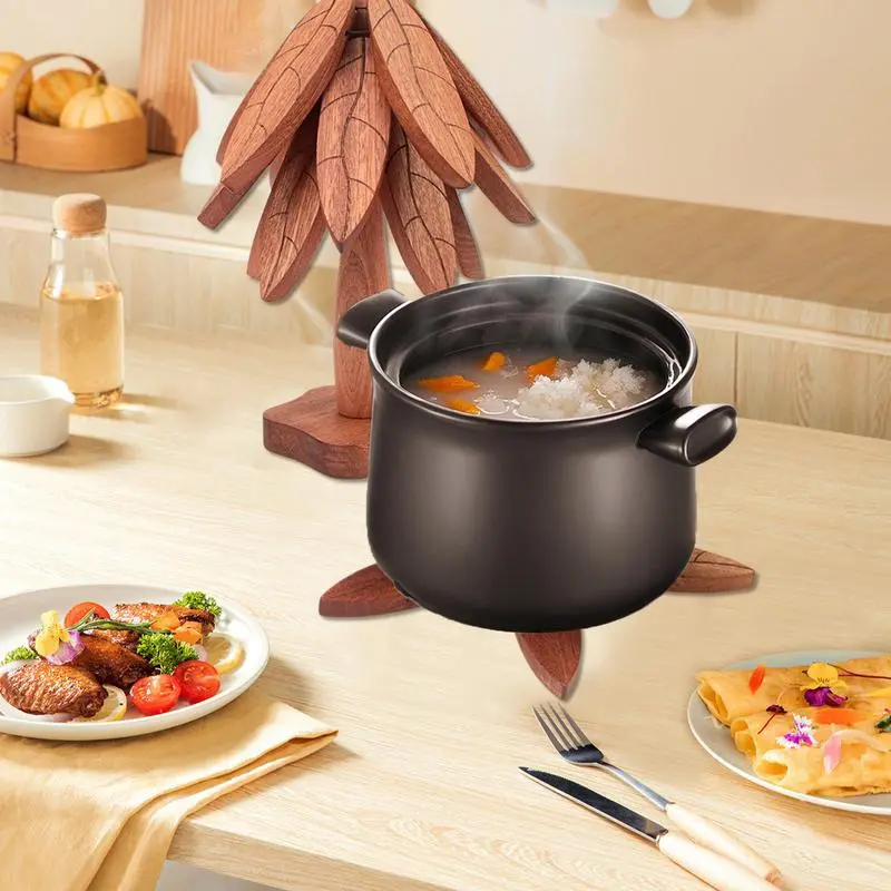 Tree Trivet Foldable Wooden Table Mat Tree Trivet Non-Slip Plate Coasters Pad Set Of 3 Heat Resistant Bowls And Teapots Coaster