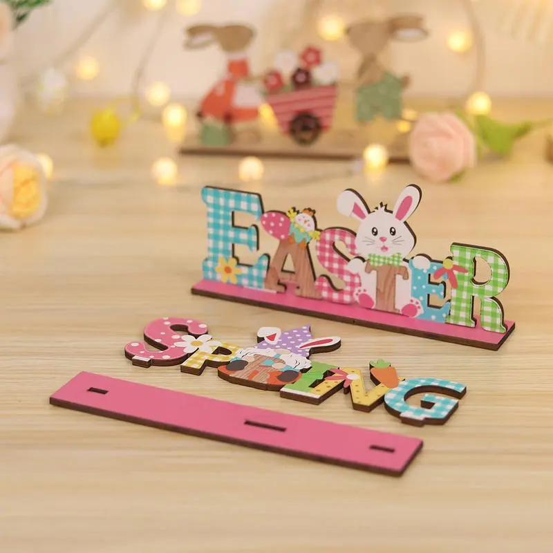 2pcs Easter Table Signs Spring Bunny Gnome Sign Wooden Sign Easter Spring Egg Bunny Ornament Bunny Table Wooden Sign