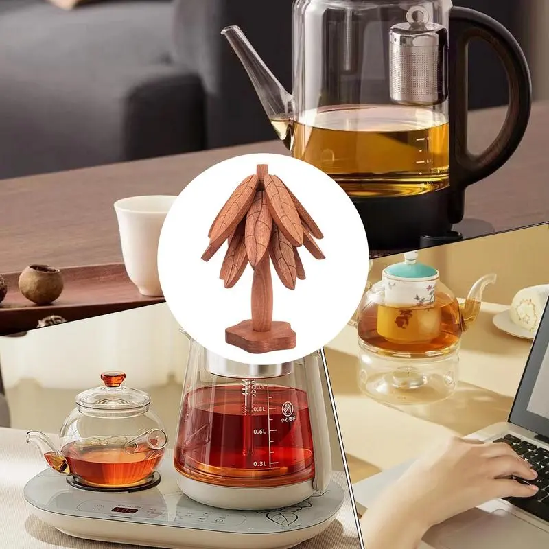 Tree Trivet Foldable Wooden Table Mat Tree Trivet Non-Slip Plate Coasters Pad Set Of 3 Heat Resistant Bowls And Teapots Coaster