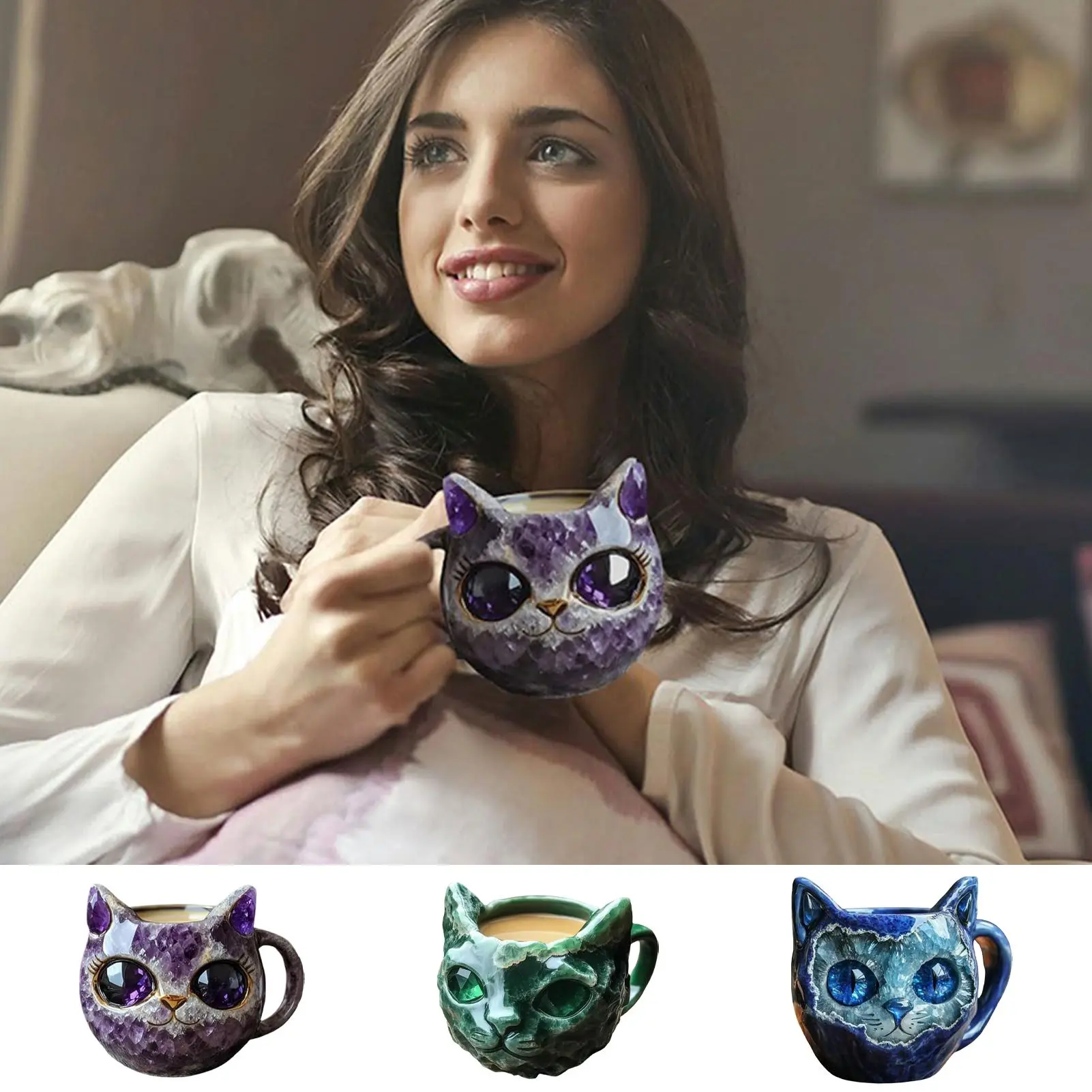 Cat Coffee Mug Cat Mineral Crystal Coffee Mugs Tea Cup Handmade Resin Home Decor Geode Animal Drinking Bottle for Women Men