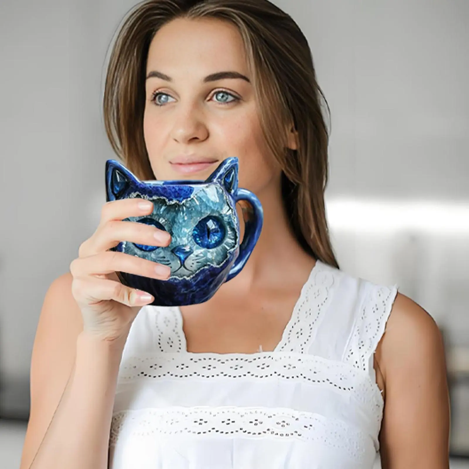 Cat Coffee Mug Cat Mineral Crystal Coffee Mugs Tea Cup Handmade Resin Home Decor Geode Animal Drinking Bottle for Women Men