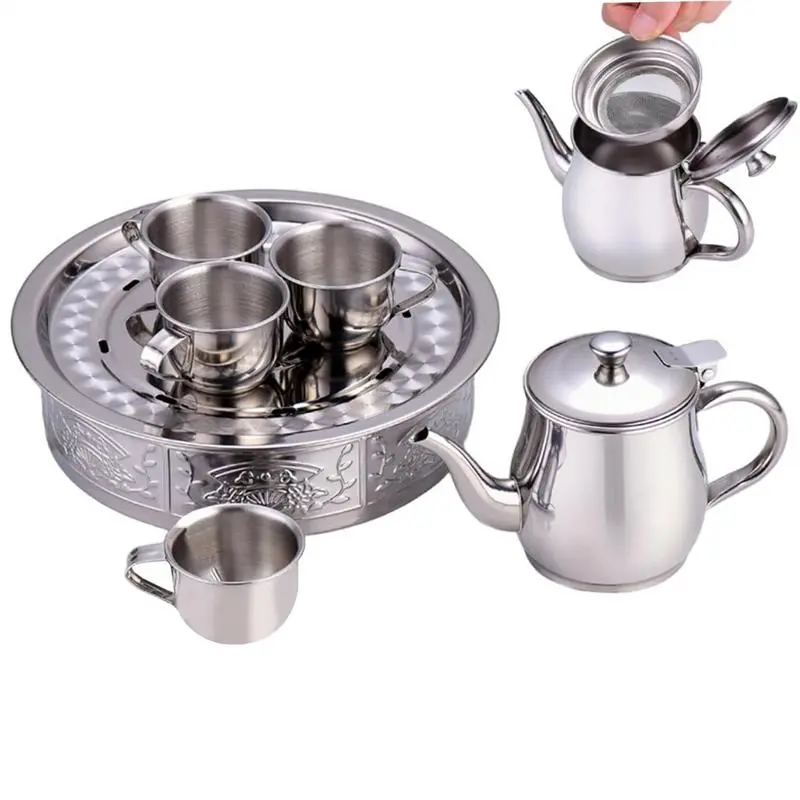 Stainless Steel Tea Set Filter Screen Design Long Spout Teapot Drinkware Long spout teapot with 4 cups and 1 tray