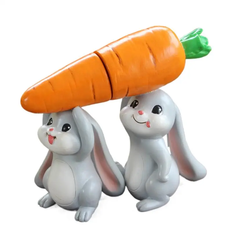 2pcs Bunny Holding Carrot Figurines Bunny Animal Figurines Easter Cute Rabbits Carrot Resin Sculpture Easter Decorative Statues
