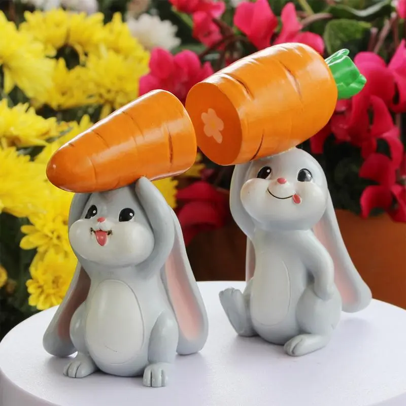 2pcs Bunny Holding Carrot Figurines Bunny Animal Figurines Easter Cute Rabbits Carrot Resin Sculpture Easter Decorative Statues