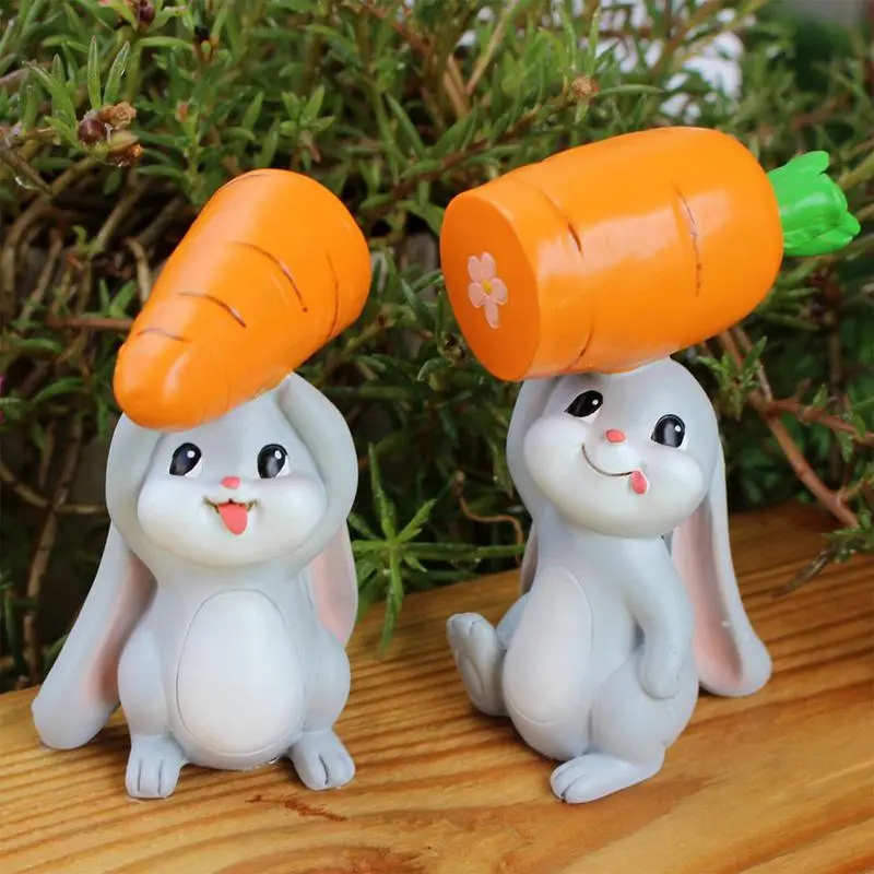 2pcs Bunny Holding Carrot Figurines Bunny Animal Figurines Easter Cute Rabbits Carrot Resin Sculpture Easter Decorative Statues