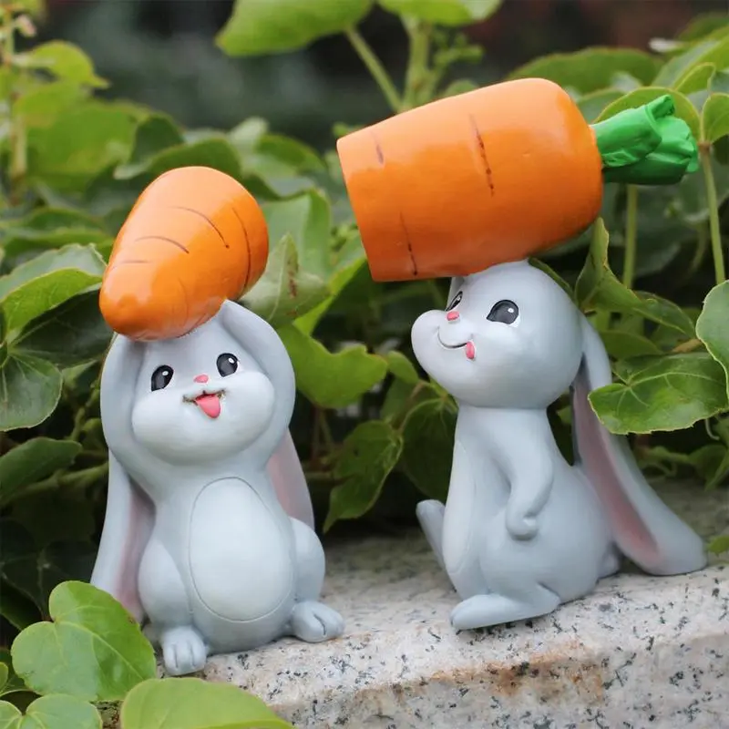 2pcs Bunny Holding Carrot Figurines Bunny Animal Figurines Easter Cute Rabbits Carrot Resin Sculpture Easter Decorative Statues