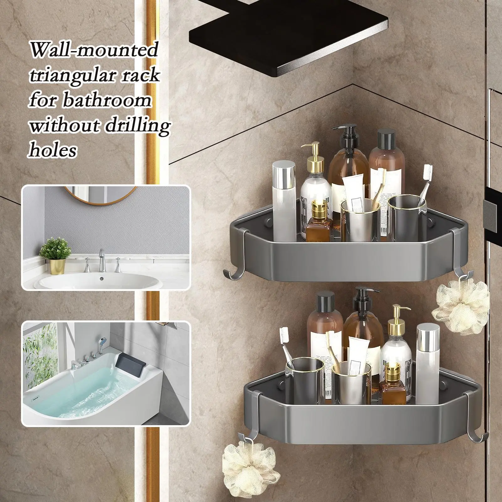 Shower Wall Organizer Triangular Bathroom Rack Heavy-Duty No Drilling Triangular Shower Corner Shelf For RV Bathroom Dormitory