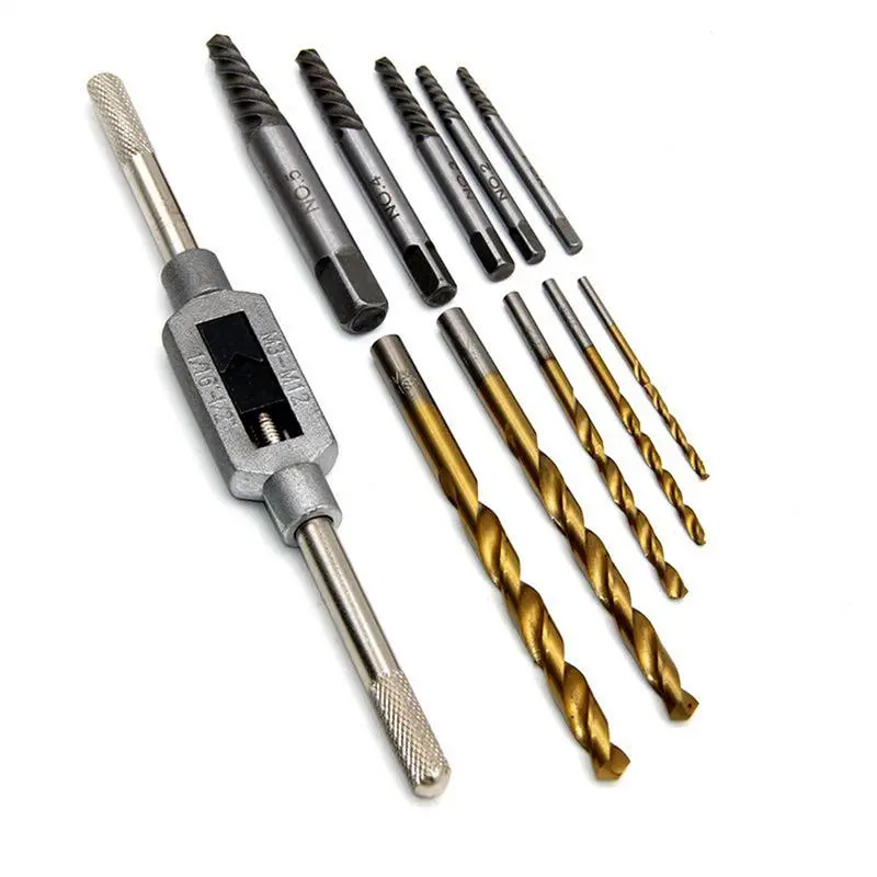 11pcs/kit Hand Drill Bits Set Screw Extractor Remover Kit Heavy Duty Multi-Purpose Tap Extractors Cobalt Coated Twist Drill Bit
