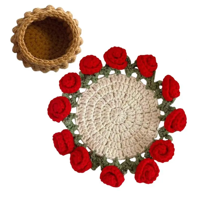 Knitting Coaster kit Handmade Knitting Romantic Coaster Aesthetic Soft Vintage Pad Rose Crochet Coasters Flower Bouquet Coaster