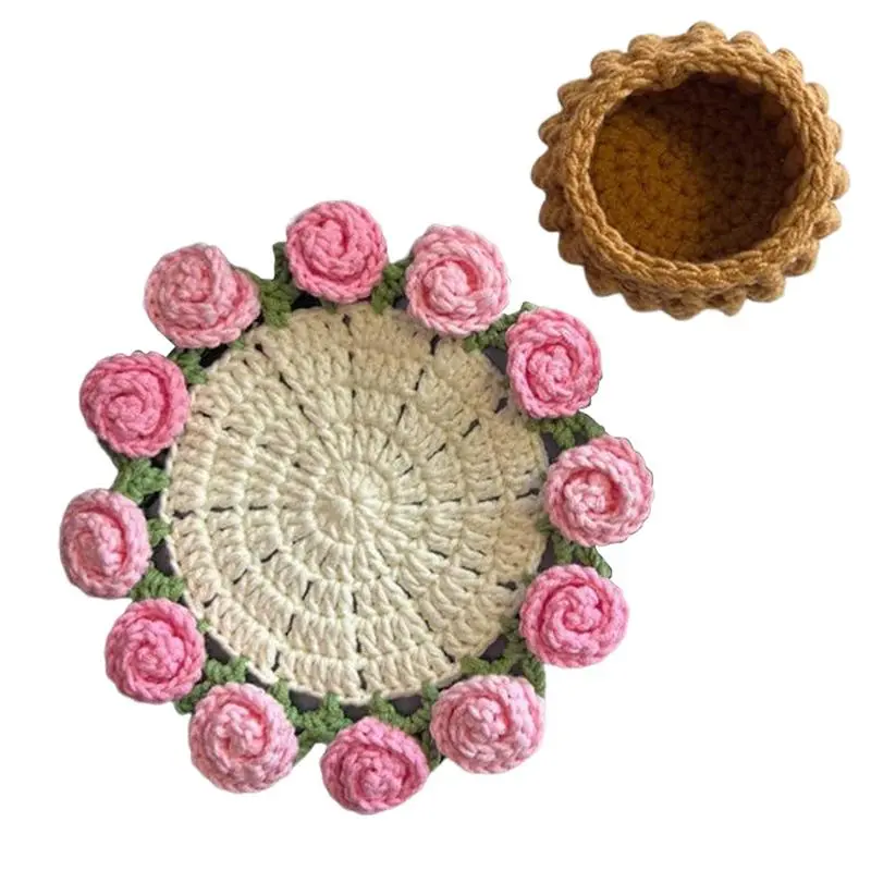 Knitting Coaster kit Handmade Knitting Romantic Coaster Aesthetic Soft Vintage Pad Rose Crochet Coasters Flower Bouquet Coaster