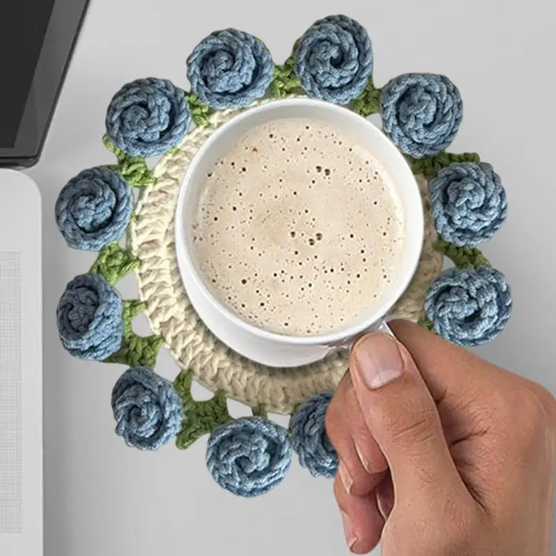 Knitting Coaster kit Handmade Knitting Romantic Coaster Aesthetic Soft Vintage Pad Rose Crochet Coasters Flower Bouquet Coaster